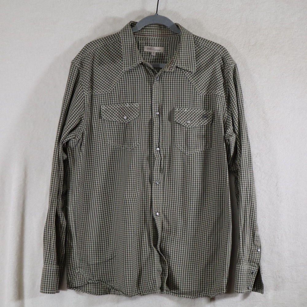 Blue Ranchwear Men's Large Gingham Pearl Snap Western Shirt Khaki Beige Plaid